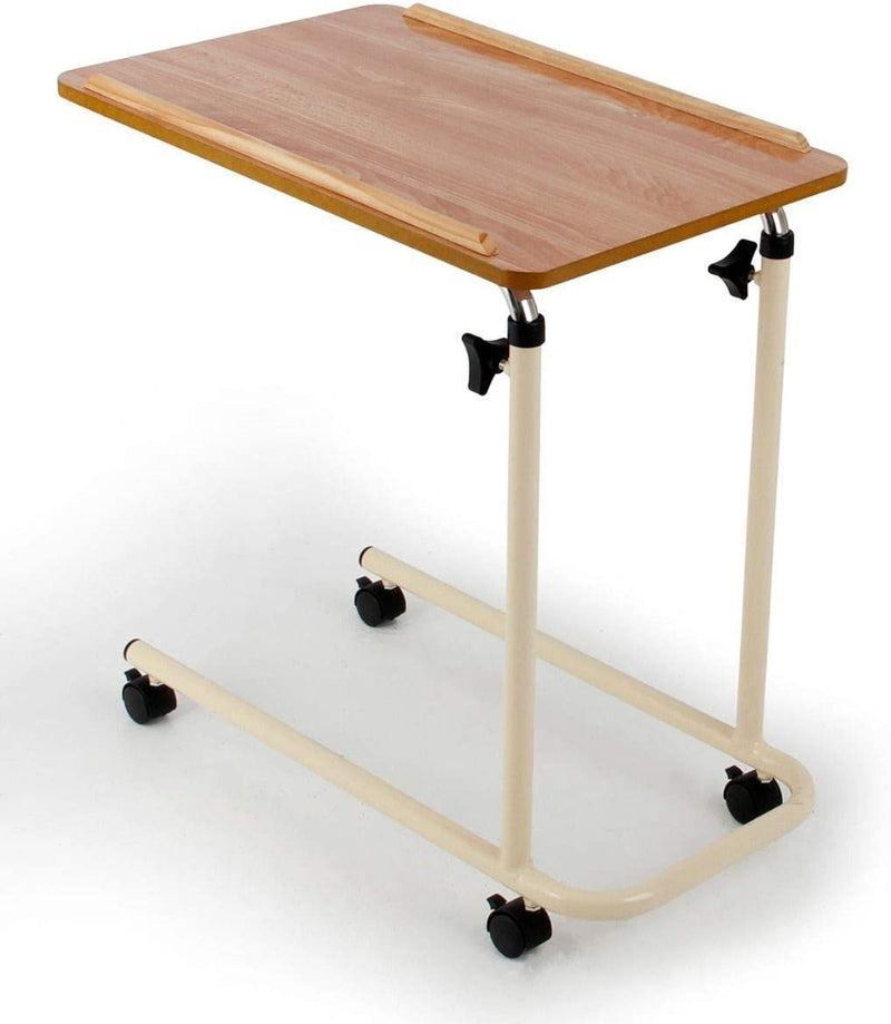 Adjustable Height Overbed Table with Split Legs, Castors and Wooden Top